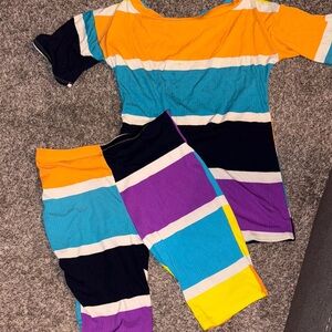 Colorful Striped Two-Piece Outfit 3/4 Sleeve top with Shorts